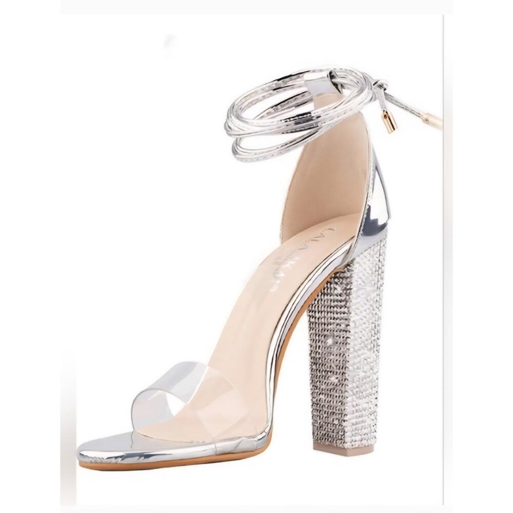 Lala Ikai Silver Rhinestone High Open Toe Heels 
Sz 8